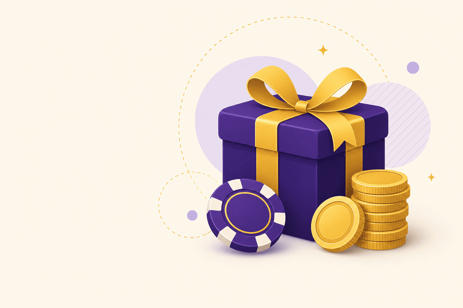 Abstract illustration of a gift box, casino chip and stack of coins